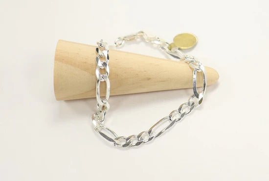 Italian Figaro Pave Diamond Cut Solid Silver Figaro Bracelet, 7MM Bracelet,