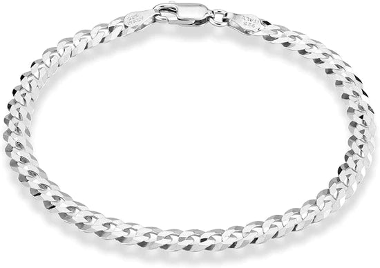 925 Sterling Silver Italian 4mm Solid Diamond-Cut Cuban Link Curb Chain Bracelet for Men Women, Made in Italy