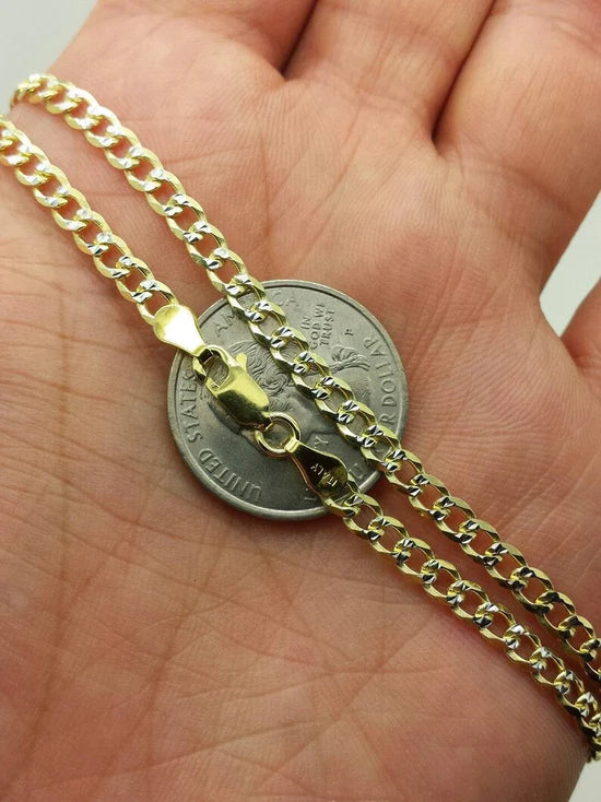 925 Sterling Silver Italian Solid Yellow Pave Cuban Curb Link Chain 16"-24" 4mm