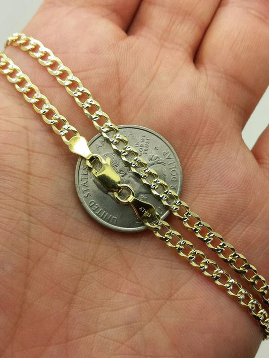 925 Sterling Silver Italian Solid Yellow Pave Cuban Curb Link Chain 16"-24" 4mm
