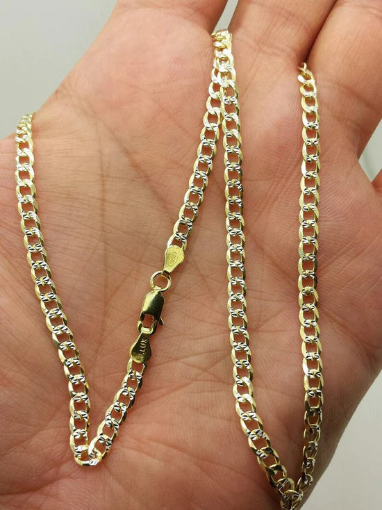 925 Sterling Silver Italian Solid Yellow Pave Cuban Curb Link Chain 16"-24" 4mm