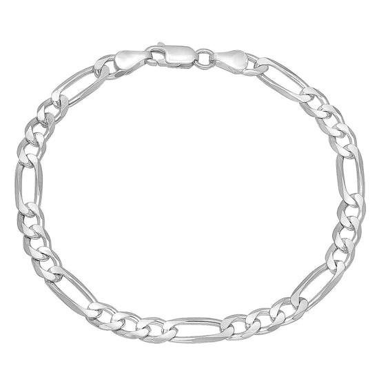 Italian Figaro Pave Diamond Cut Solid Silver Figaro Bracelet, 7MM Bracelet,